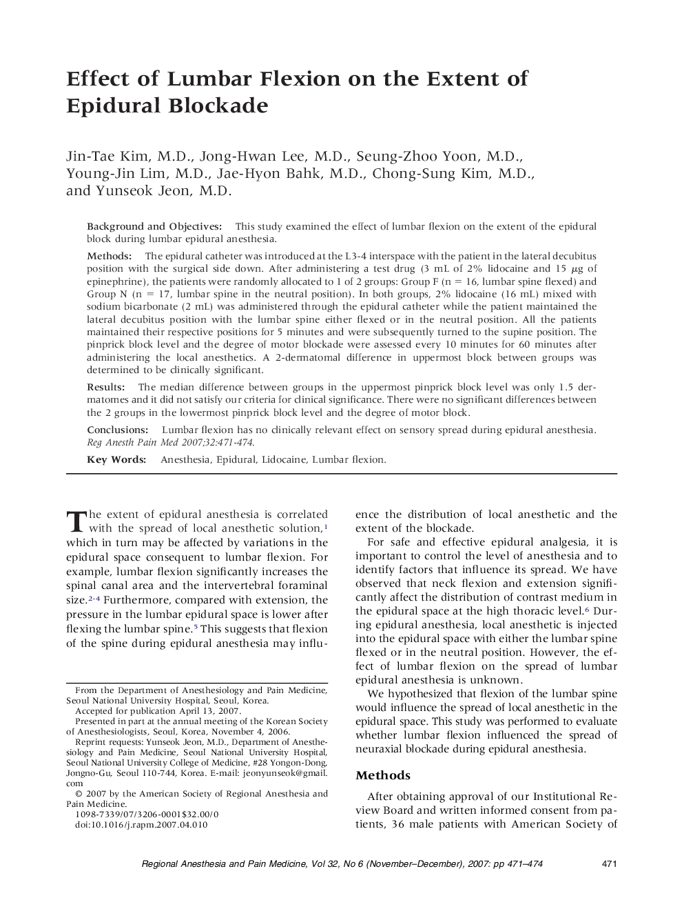 Effect of Lumbar Flexion on the Extent of Epidural Blockade