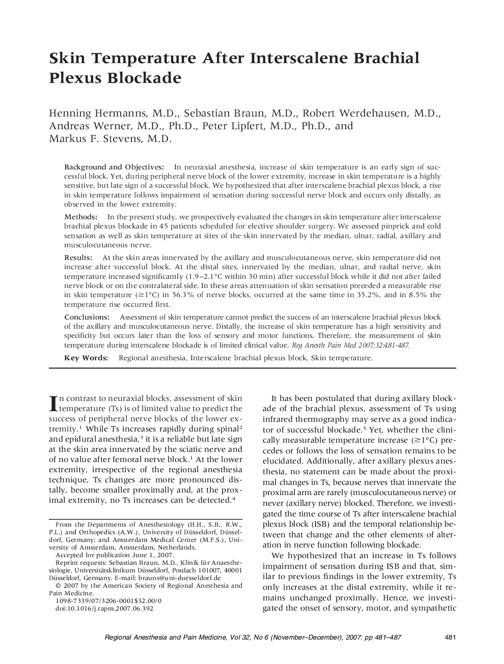 Skin Temperature After Interscalene Brachial Plexus Blockade