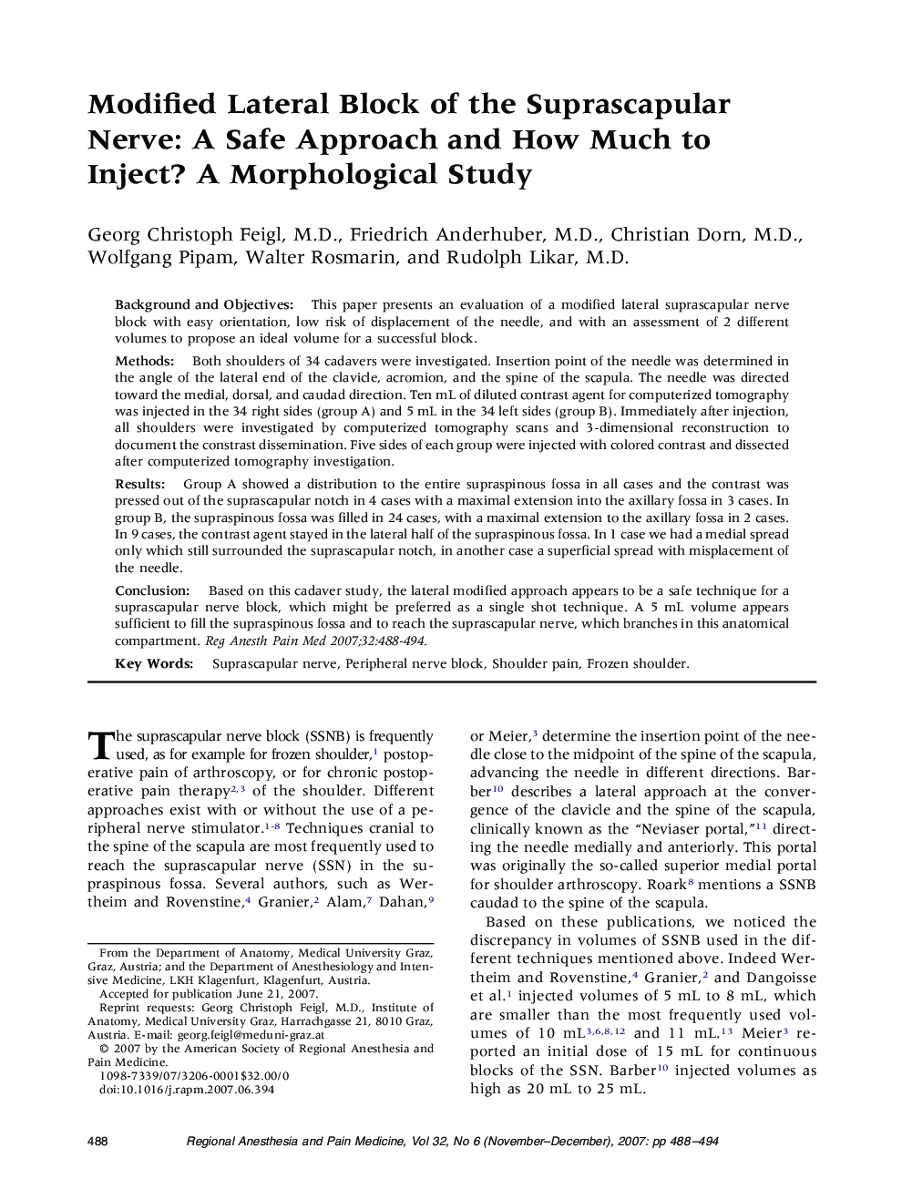 Modified Lateral Block of the Suprascapular Nerve: A Safe Approach and How Much to Inject? A Morphological Study