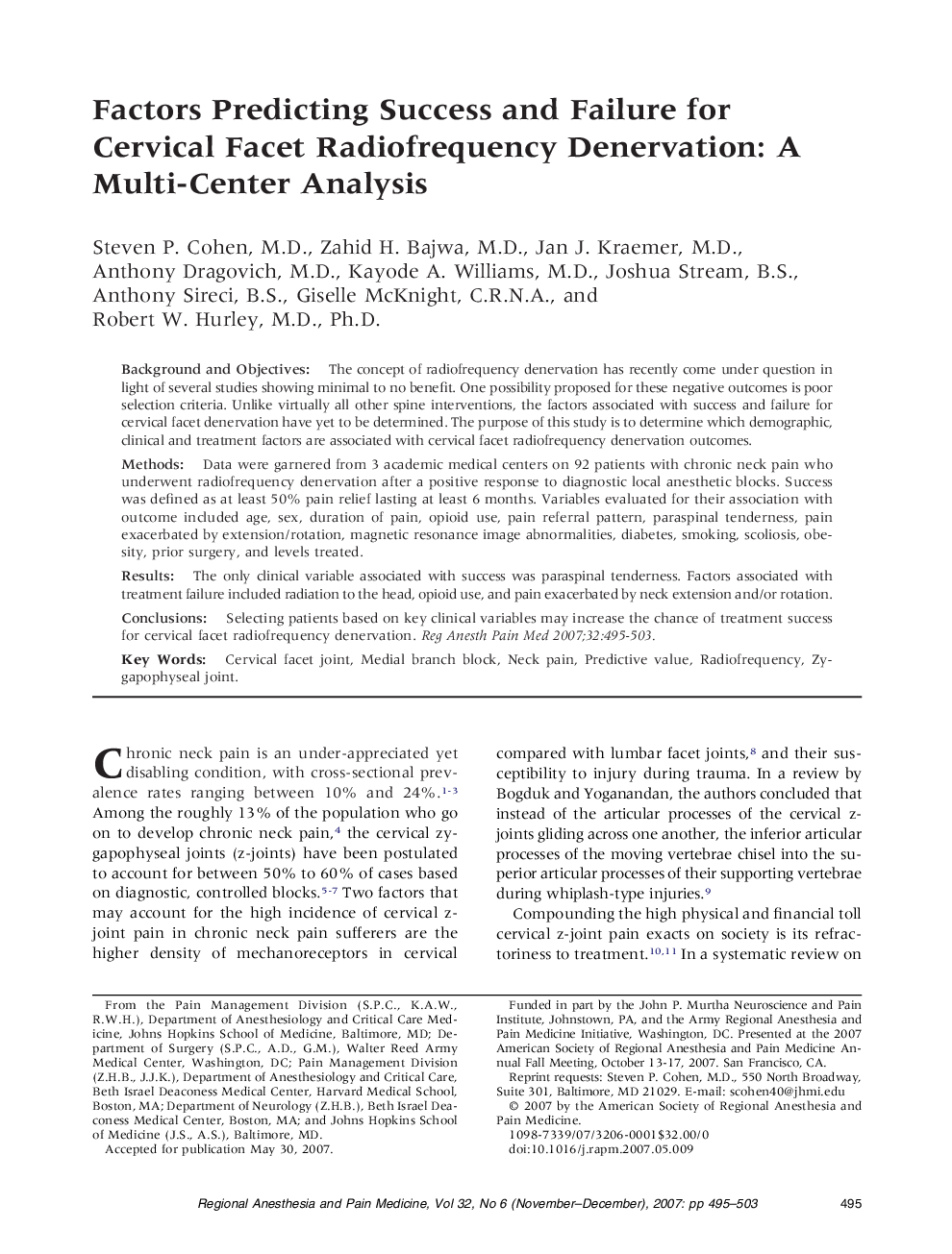 Factors Predicting Success and Failure for Cervical Facet Radiofrequency Denervation: A Multi-Center Analysis