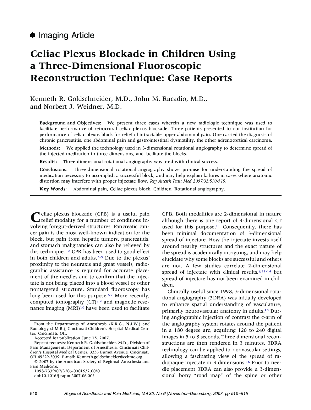 Celiac Plexus Blockade in Children Using a Three-Dimensional Fluoroscopic Reconstruction Technique: Case Reports