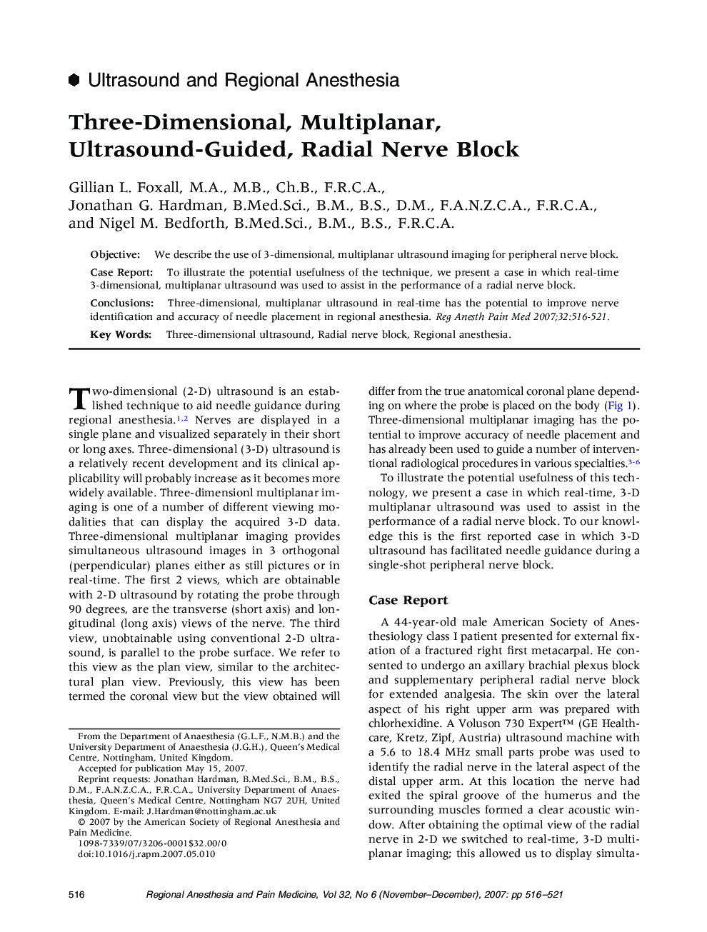 Three-Dimensional, Multiplanar, Ultrasound-Guided, Radial Nerve Block