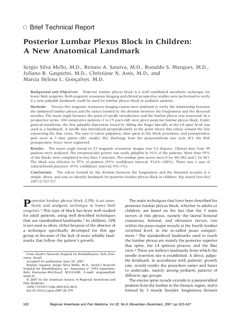 Posterior Lumbar Plexus Block in Children: A New Anatomical Landmark