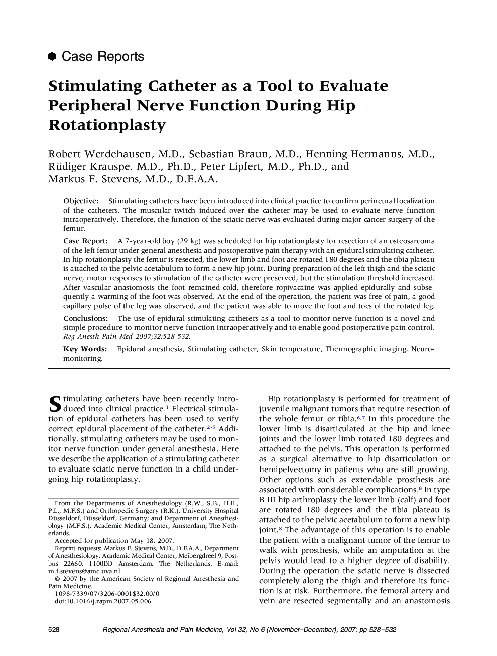 Stimulating Catheter as a Tool to Evaluate Peripheral Nerve Function During Hip Rotationplasty