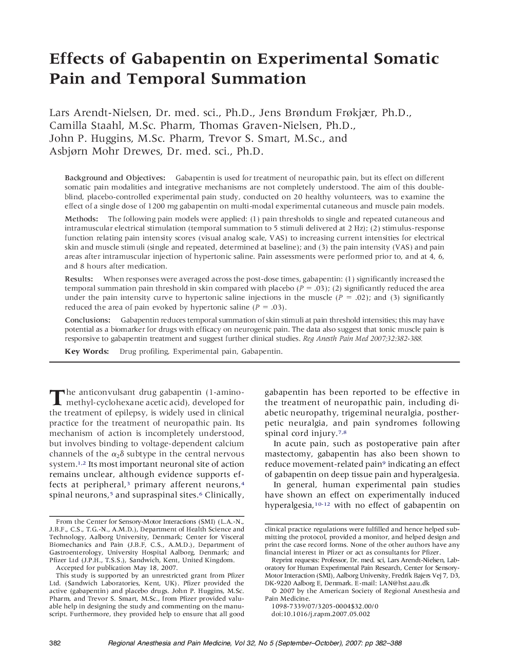 Effects of Gabapentin on Experimental Somatic Pain and Temporal Summation