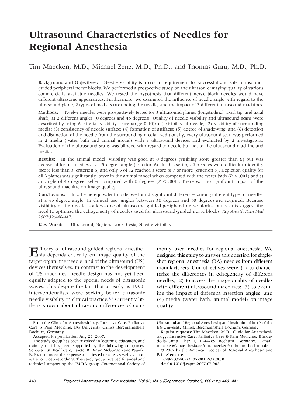 Ultrasound Characteristics of Needles for Regional Anesthesia