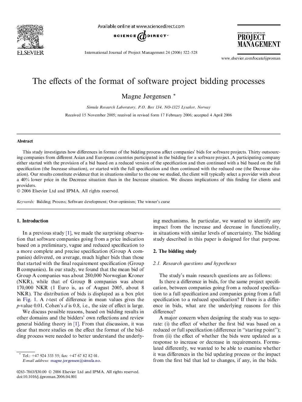 The effects of the format of software project bidding processes