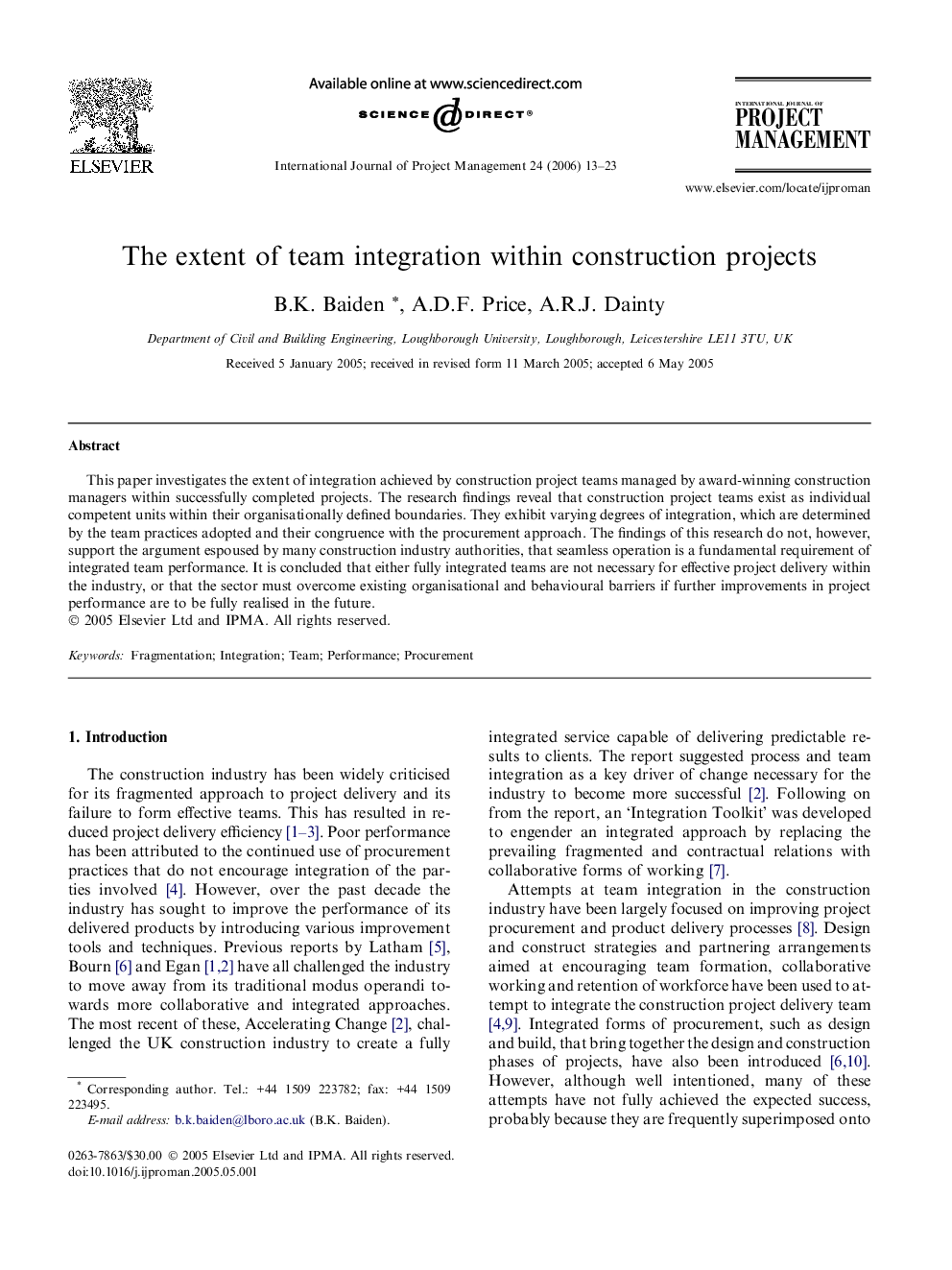 The extent of team integration within construction projects