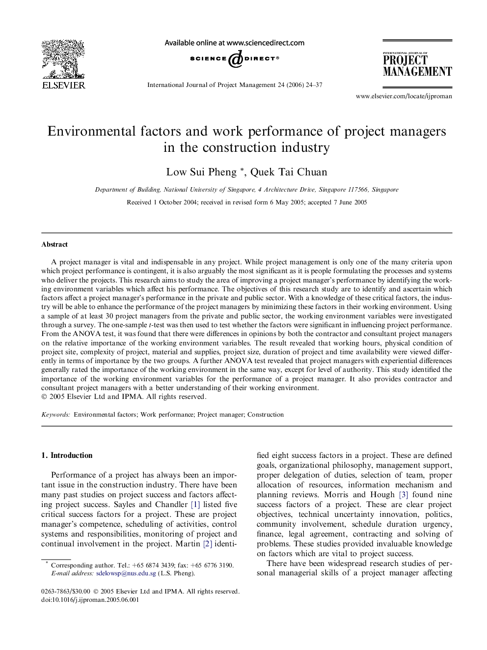 Environmental factors and work performance of project managers in the construction industry