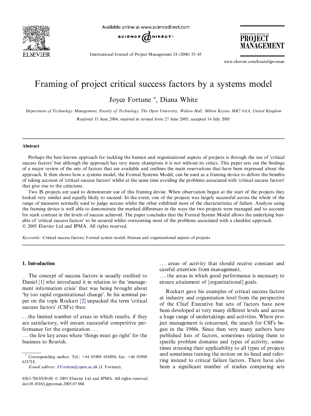 Framing of project critical success factors by a systems model