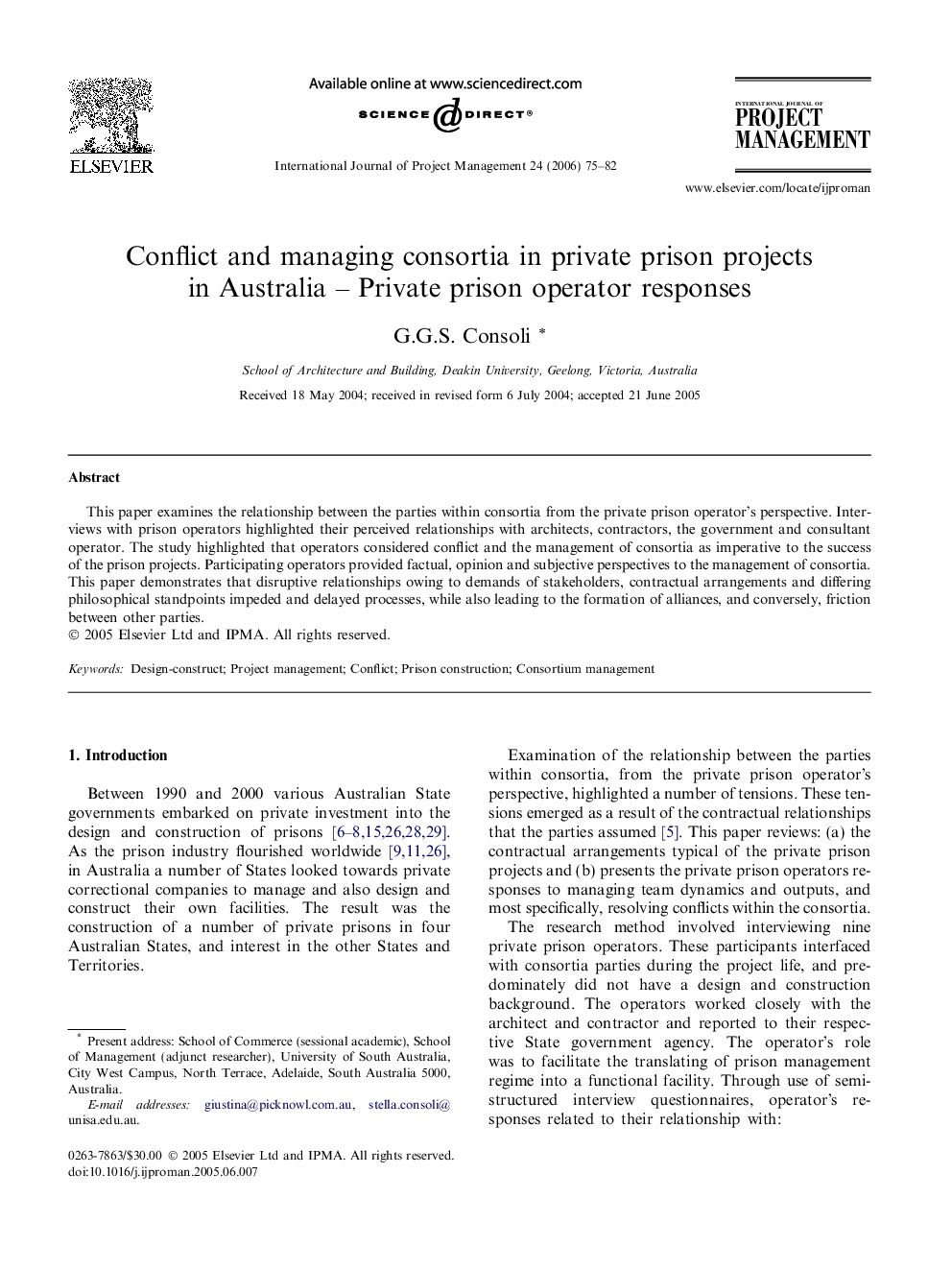 Conflict and managing consortia in private prison projects in Australia – Private prison operator responses