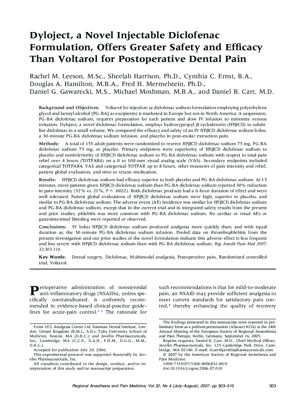 Dyloject, a Novel Injectable Diclofenac Formulation, Offers Greater Safety and Efficacy Than Voltarol for Postoperative Dental Pain