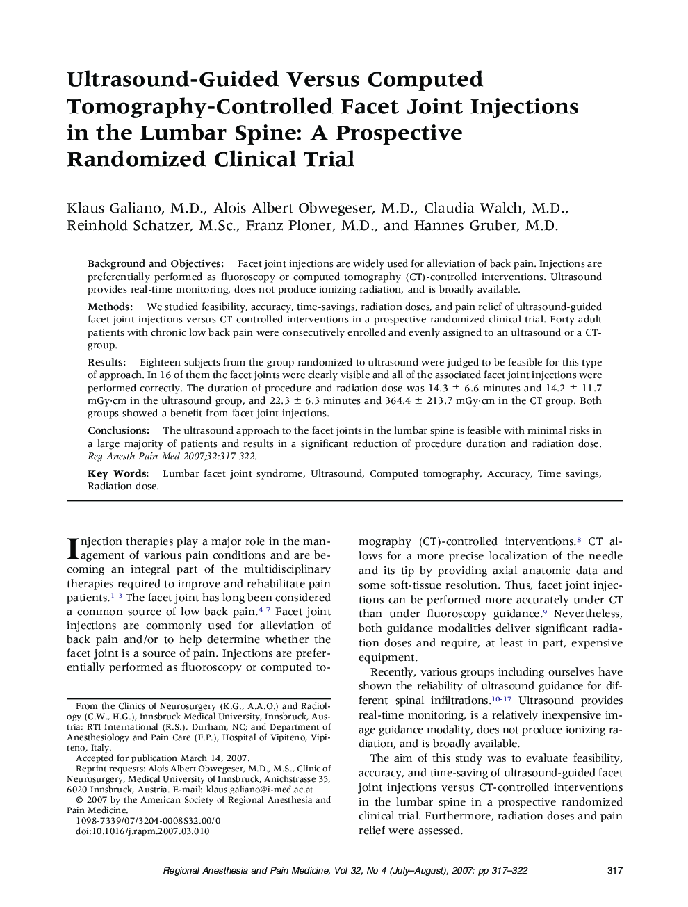 Ultrasound-Guided Versus Computed Tomography-Controlled Facet Joint Injections in the Lumbar Spine: A Prospective Randomized Clinical Trial