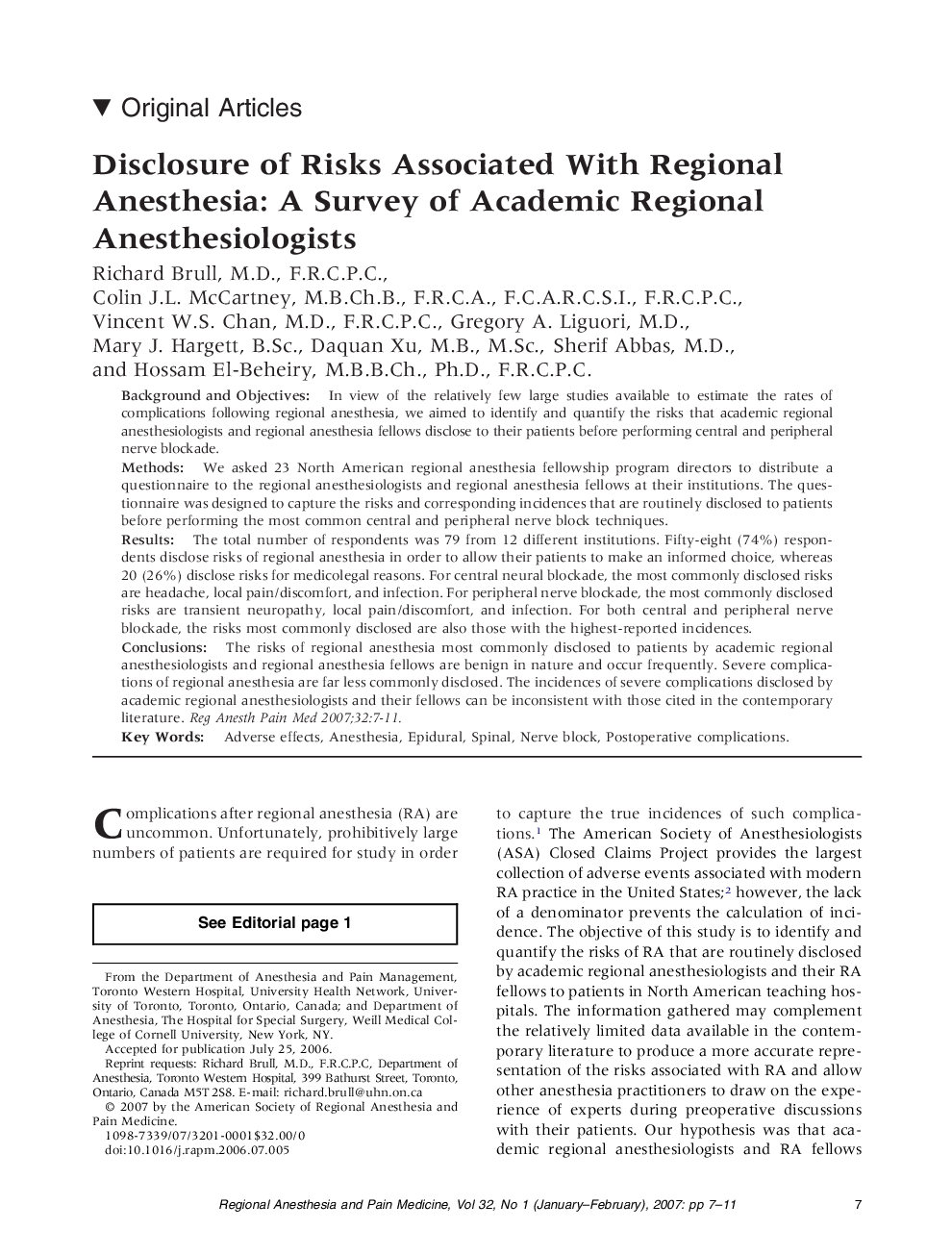 Disclosure of Risks Associated With Regional Anesthesia: A Survey of Academic Regional Anesthesiologists