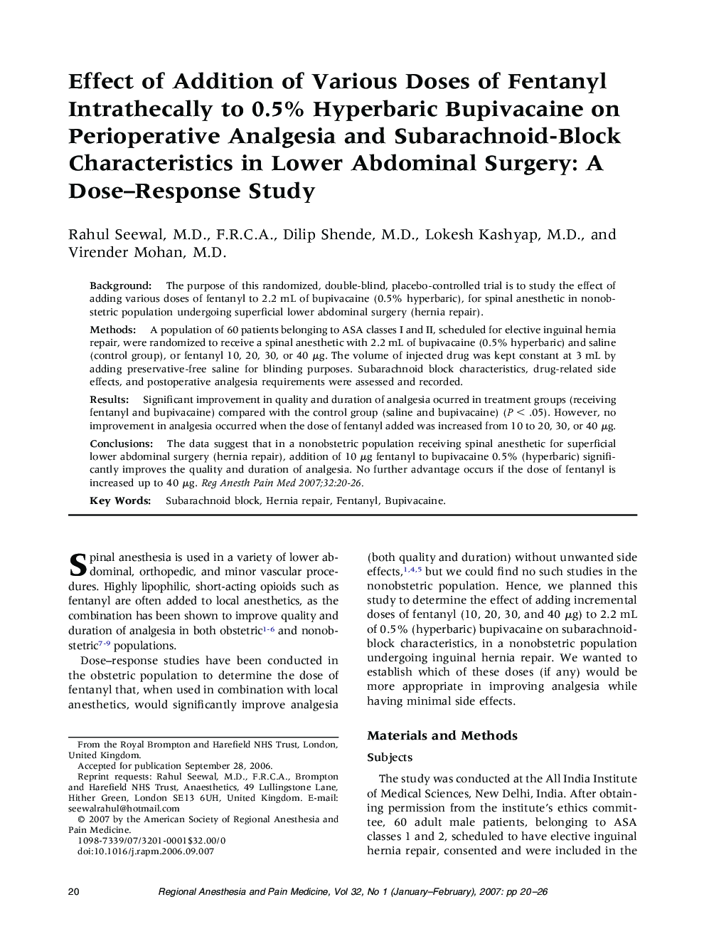 Effect of Addition of Various Doses of Fentanyl Intrathecally to 0.5% Hyperbaric Bupivacaine on Perioperative Analgesia and Subarachnoid-Block Characteristics in Lower Abdominal Surgery: A Dose-Response Study