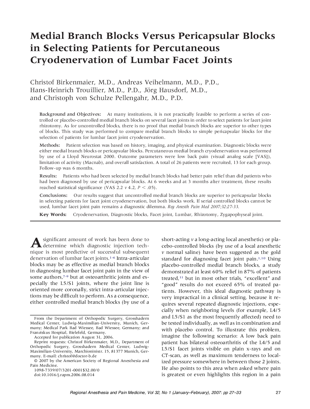 Medial Branch Blocks Versus Pericapsular Blocks in Selecting Patients for Percutaneous Cryodenervation of Lumbar Facet Joints