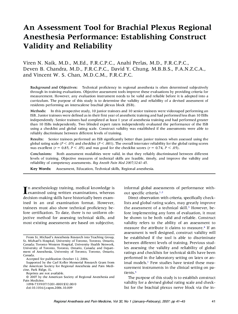 An Assessment Tool for Brachial Plexus Regional Anesthesia Performance: Establishing Construct Validity and Reliability