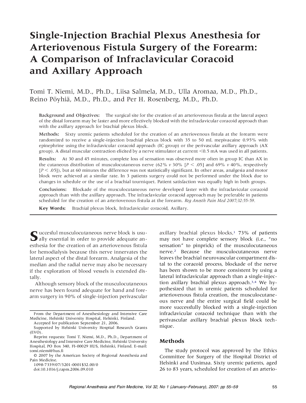 Single-Injection Brachial Plexus Anesthesia for Arteriovenous Fistula Surgery of the Forearm: A Comparison of Infraclavicular Coracoid and Axillary Approach