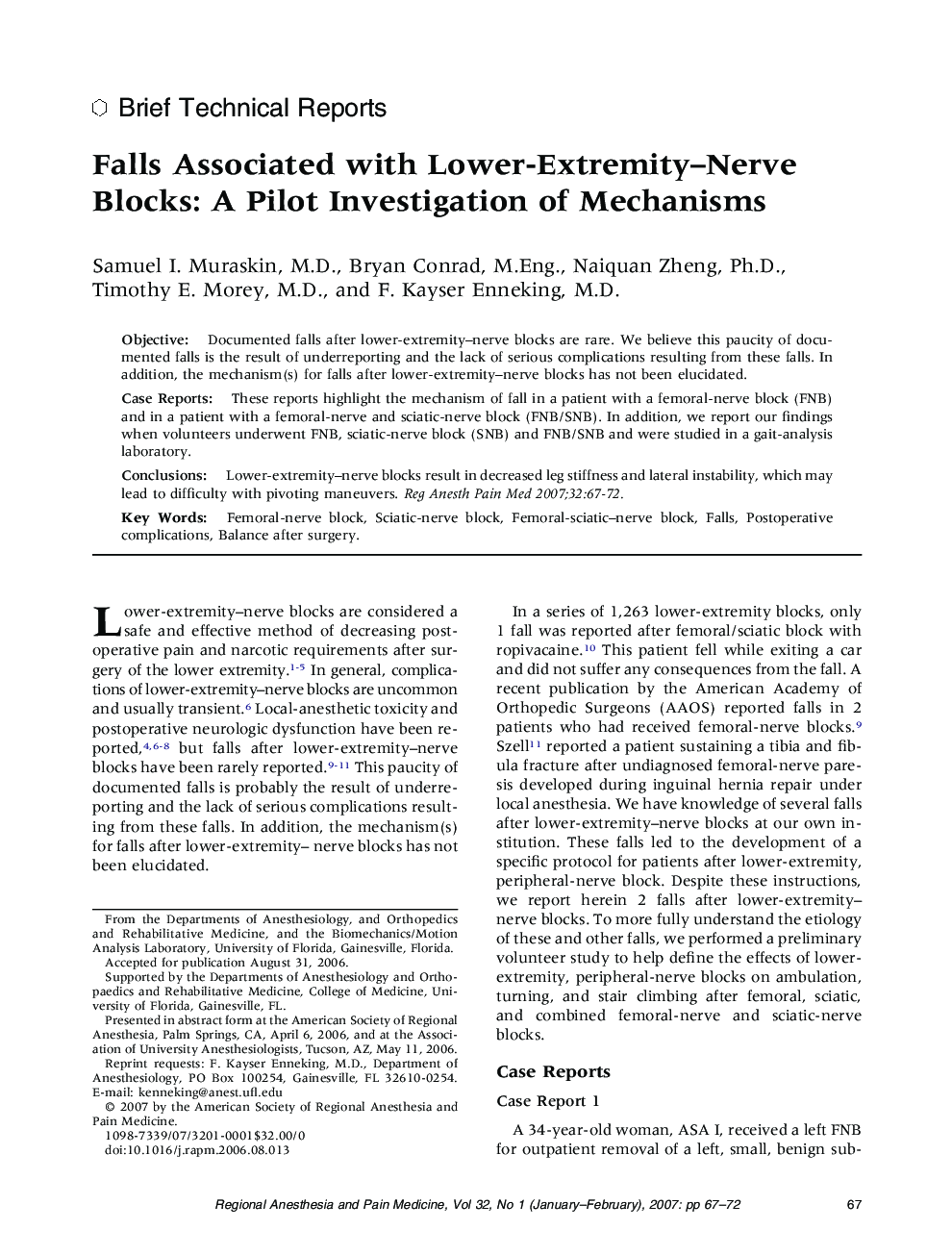 Falls Associated with Lower-Extremity-Nerve Blocks: A Pilot Investigation of Mechanisms