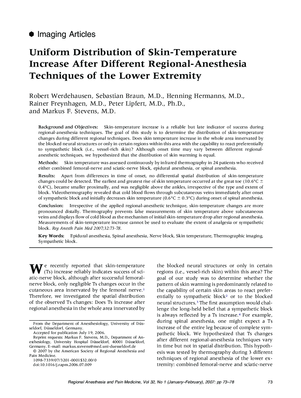 Uniform Distribution of Skin-Temperature Increase After Different Regional-Anesthesia Techniques of the Lower Extremity