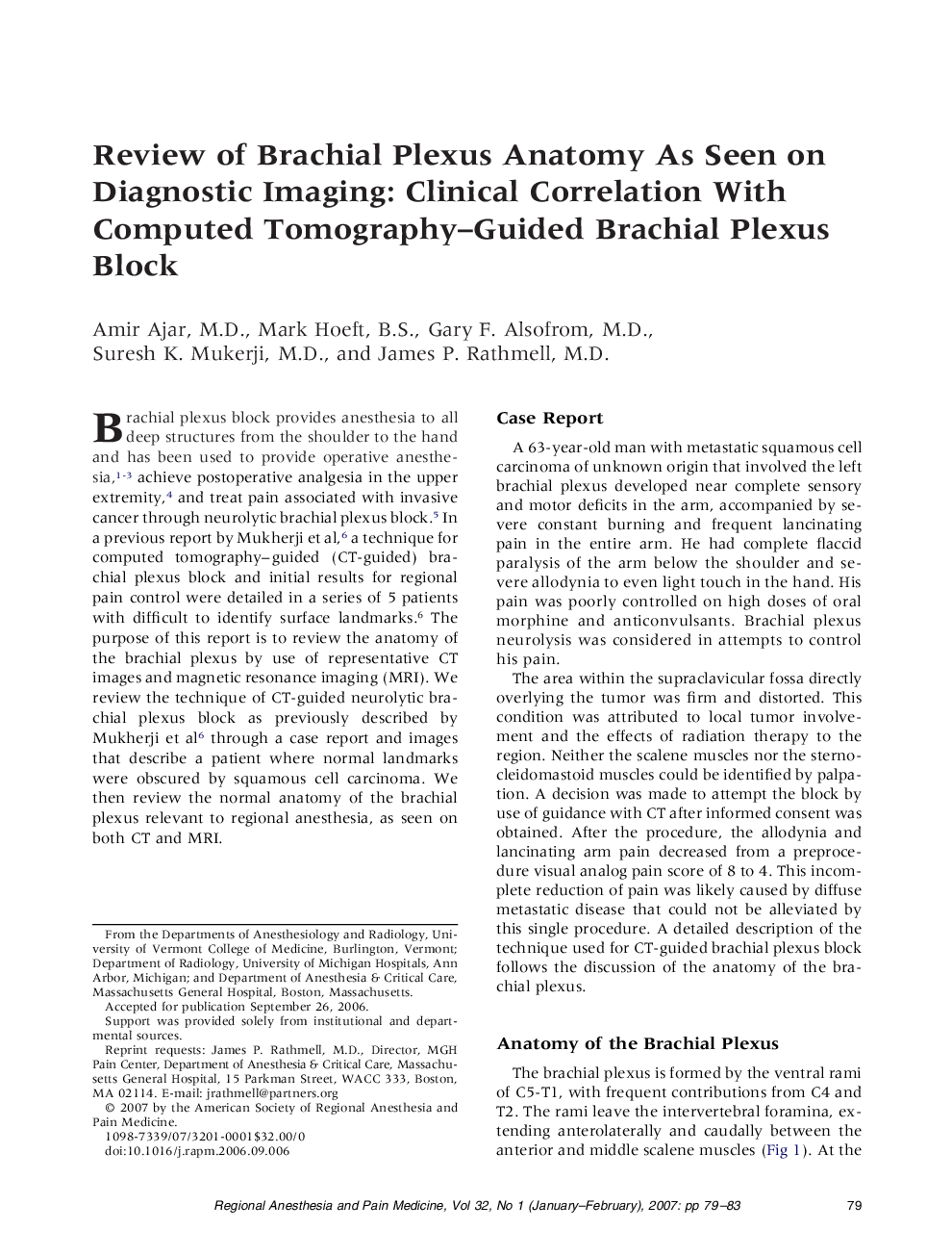 Review of Brachial Plexus Anatomy As Seen on Diagnostic Imaging: Clinical Correlation With Computed Tomography-Guided Brachial Plexus Block