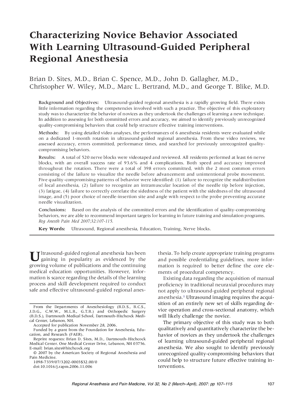 Characterizing Novice Behavior Associated With Learning Ultrasound-Guided Peripheral Regional Anesthesia