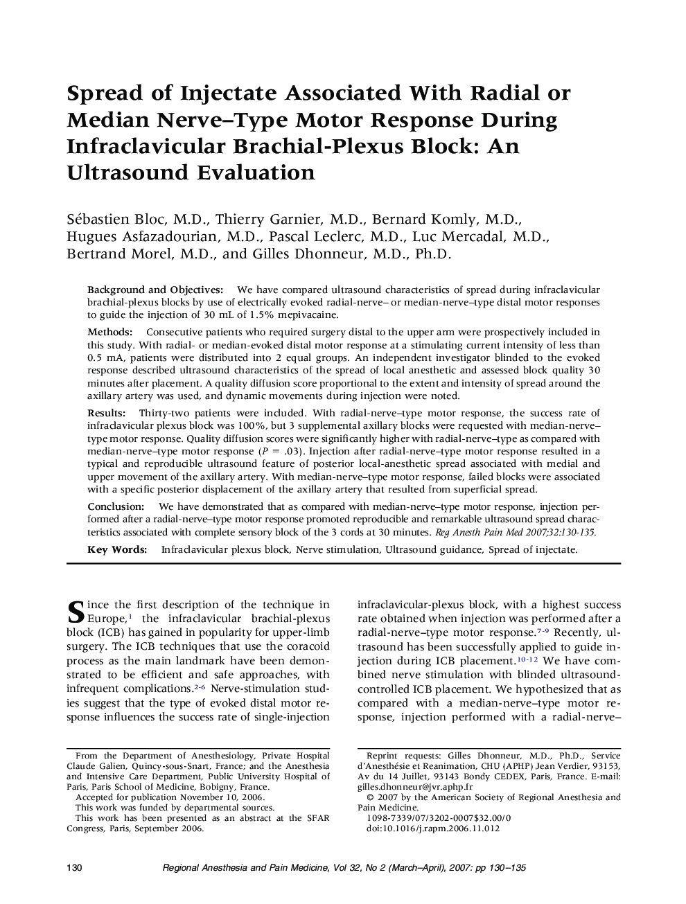 Spread of Injectate Associated With Radial or Median Nerve-Type Motor Response During Infraclavicular Brachial-Plexus Block: An Ultrasound Evaluation