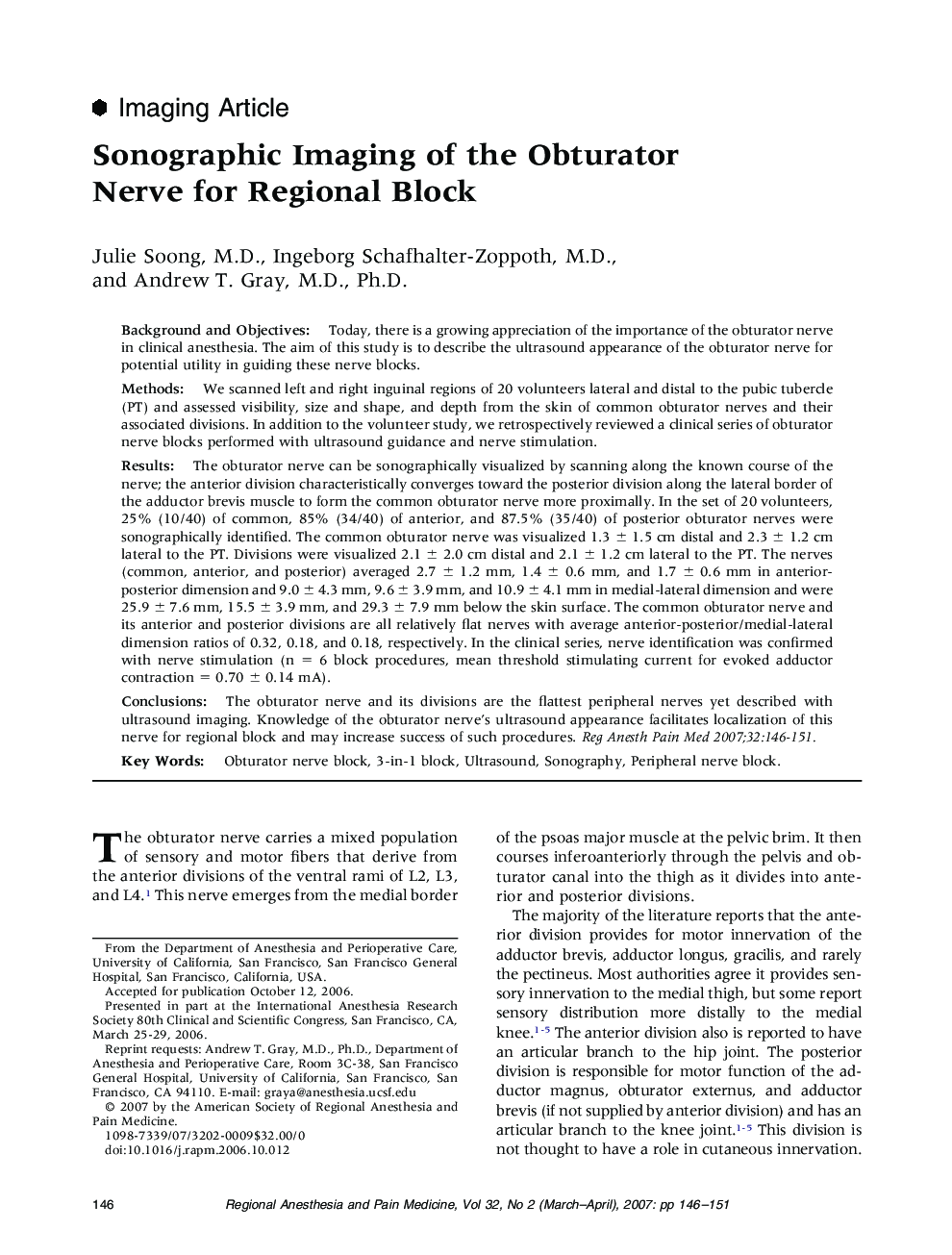 Sonographic Imaging of the Obturator Nerve for Regional Block