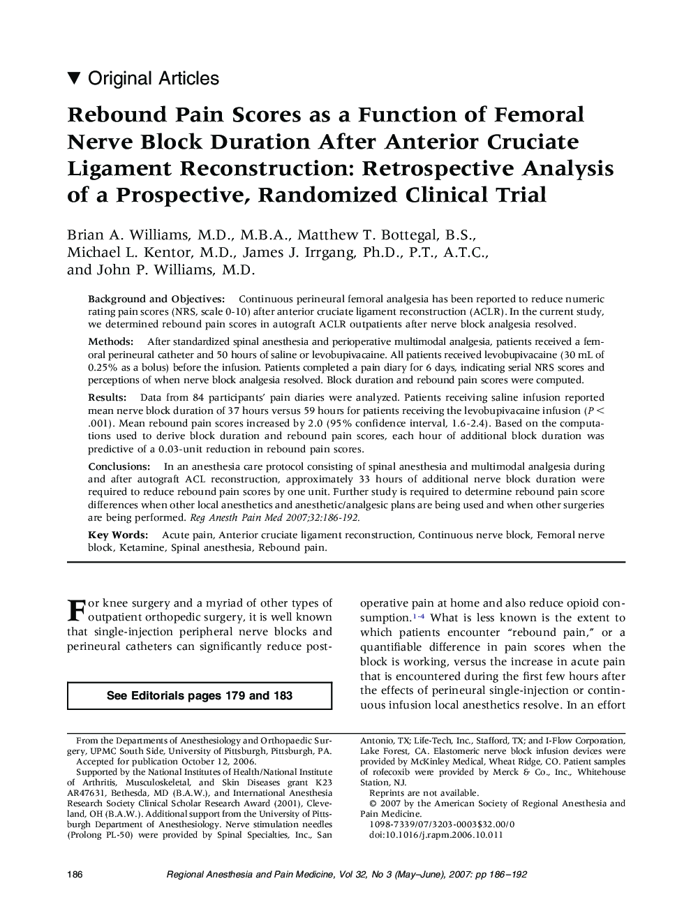 Rebound Pain Scores as a Function of Femoral Nerve Block Duration After Anterior Cruciate Ligament Reconstruction: Retrospective Analysis of a Prospective, Randomized Clinical Trial