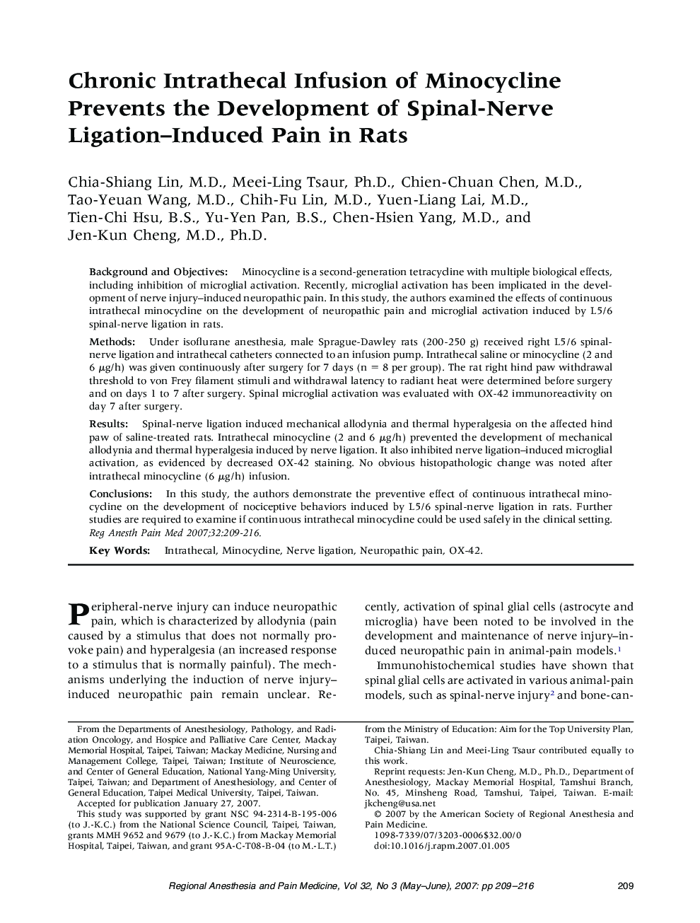 Chronic Intrathecal Infusion of Minocycline Prevents the Development of Spinal-Nerve Ligation-Induced Pain in Rats