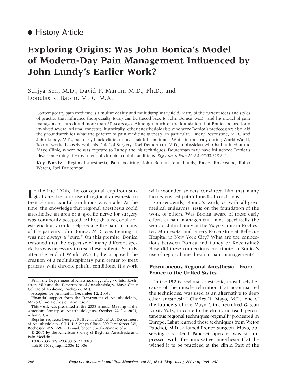 Exploring Origins: Was John Bonica's Model of Modern-Day Pain Management Influenced by John Lundy's Earlier Work?