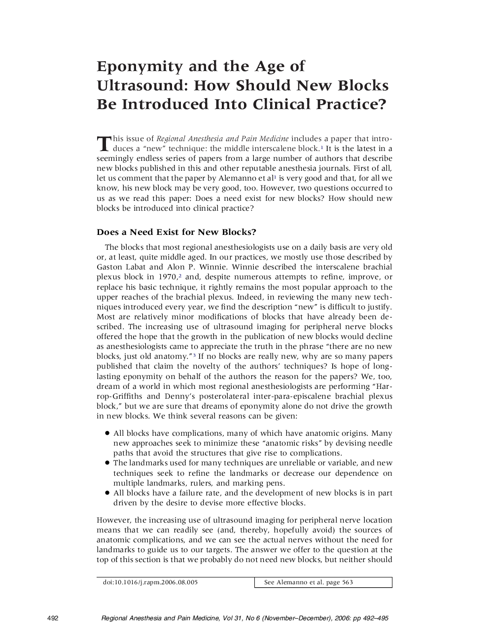 Eponymity and the Age of Ultrasound: How Should New Blocks Be Introduced Into Clinical Practice?