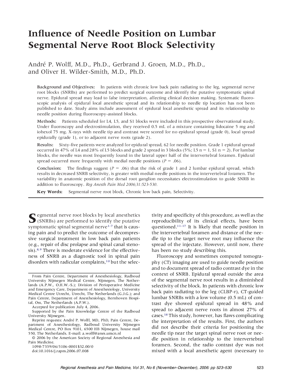 Influence of Needle Position on Lumbar Segmental Nerve Root Block Selectivity