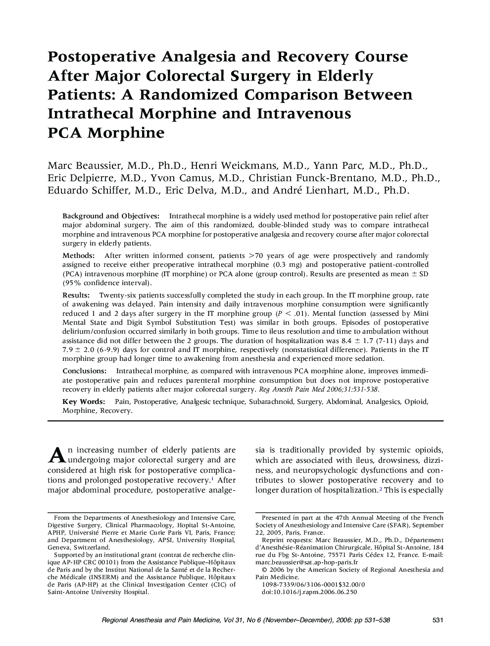 Postoperative Analgesia and Recovery Course After Major Colorectal Surgery in Elderly Patients: A Randomized Comparison Between Intrathecal Morphine and Intravenous PCA Morphine