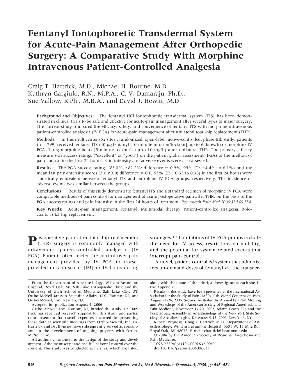 Fentanyl Iontophoretic Transdermal System for Acute-Pain Management After Orthopedic Surgery: A Comparative Study With Morphine Intravenous Patient-Controlled Analgesia