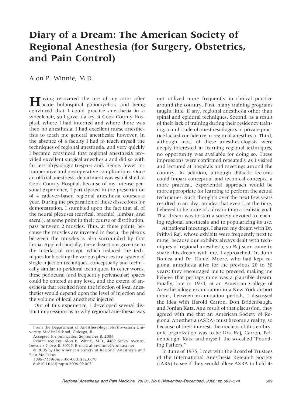 Diary of a Dream: The American Society of Regional Anesthesia (for Surgery, Obstetrics, and Pain Control)