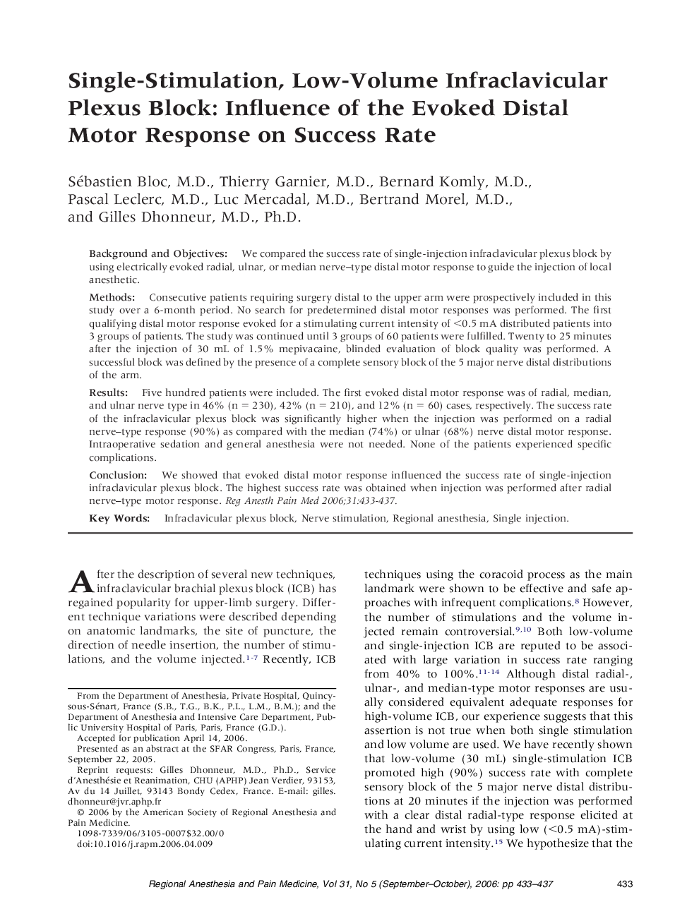 Single-Stimulation, Low-Volume Infraclavicular Plexus Block: Influence of the Evoked Distal Motor Response on Success Rate