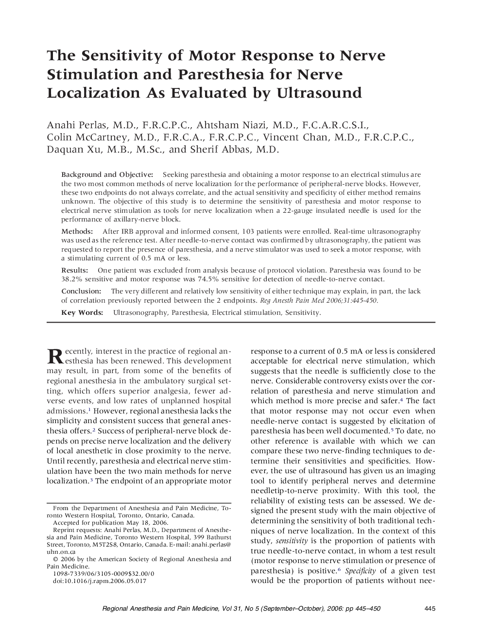 The Sensitivity of Motor Response to Nerve Stimulation and Paresthesia for Nerve Localization As Evaluated by Ultrasound