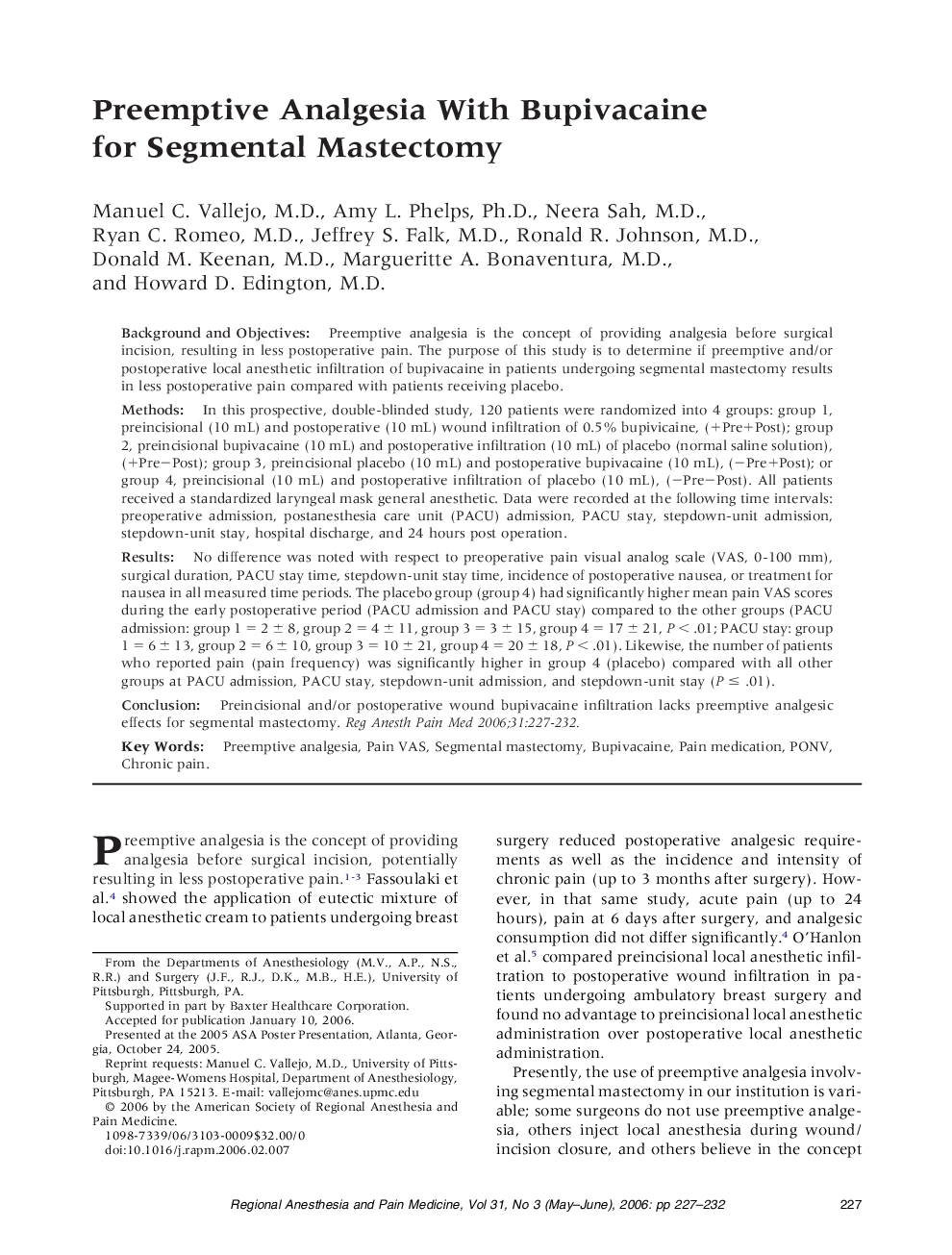 Preemptive Analgesia With Bupivacaine for Segmental Mastectomy