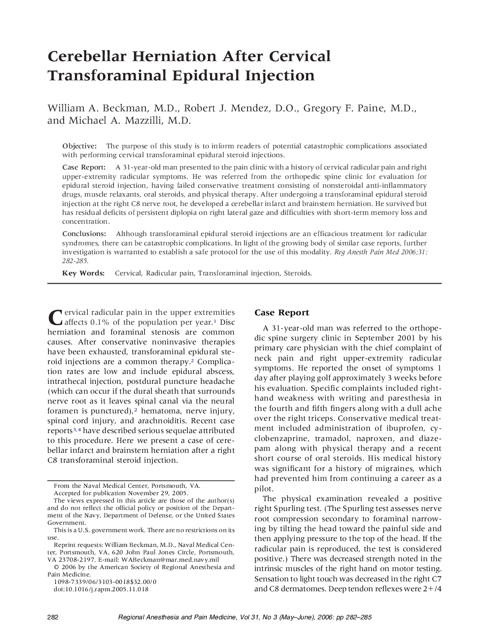 Cerebellar Herniation After Cervical Transforaminal Epidural Injection