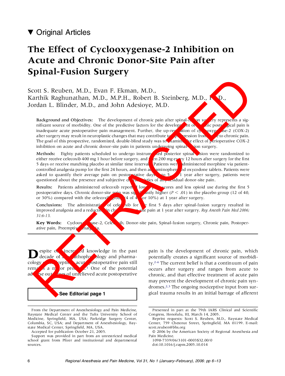 RETRACTED: The Effect of Cyclooxygenase-2 Inhibition on Acute and Chronic Donor-Site Pain after Spinal-Fusion Surgery 