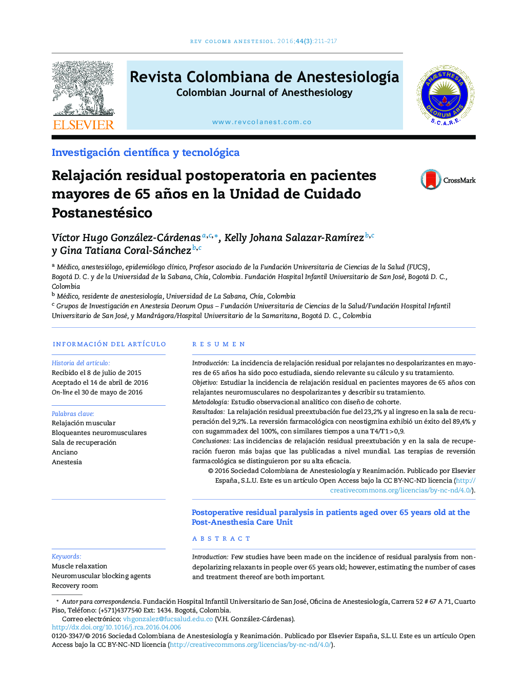 Relajación residual postoperatoria en pacientes mayores de 65 años en la Unidad de Cuidado Postanestésico