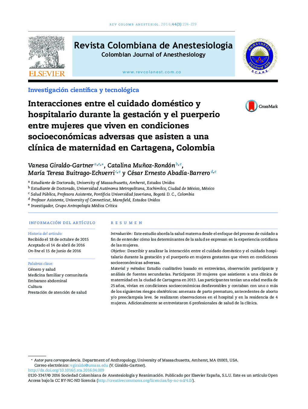 Interacciones entre el cuidado doméstico y hospitalario durante la gestación y el puerperio entre mujeres que viven en condiciones socioeconómicas adversas que asisten a una clínica de maternidad en Cartagena, Colombia