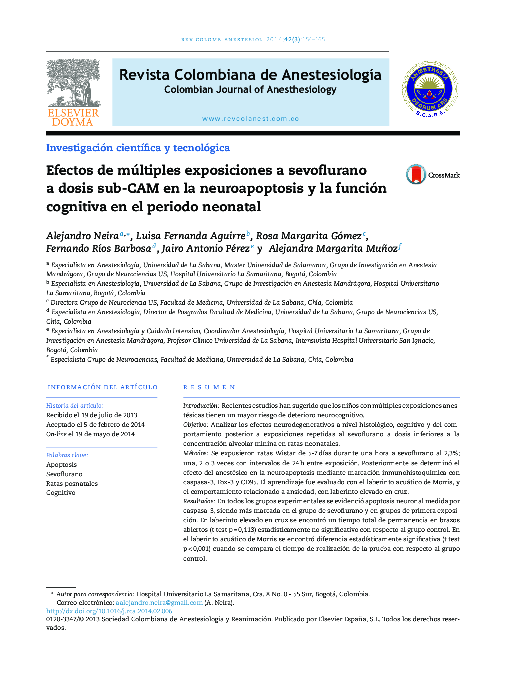 Efectos de múltiples exposiciones a sevoflurano a dosis sub-CAM en la neuroapoptosis y la función cognitiva en el periodo neonatal