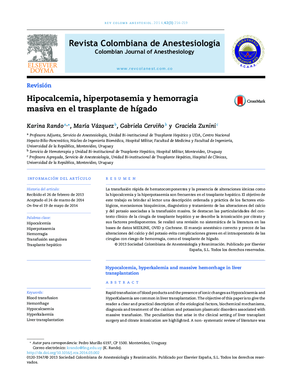 Hipocalcemia, hiperpotasemia y hemorragia masiva en el trasplante de hígado
