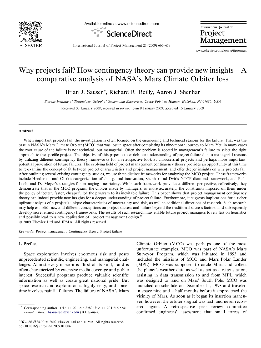 Why projects fail? How contingency theory can provide new insights – A comparative analysis of NASA’s Mars Climate Orbiter loss