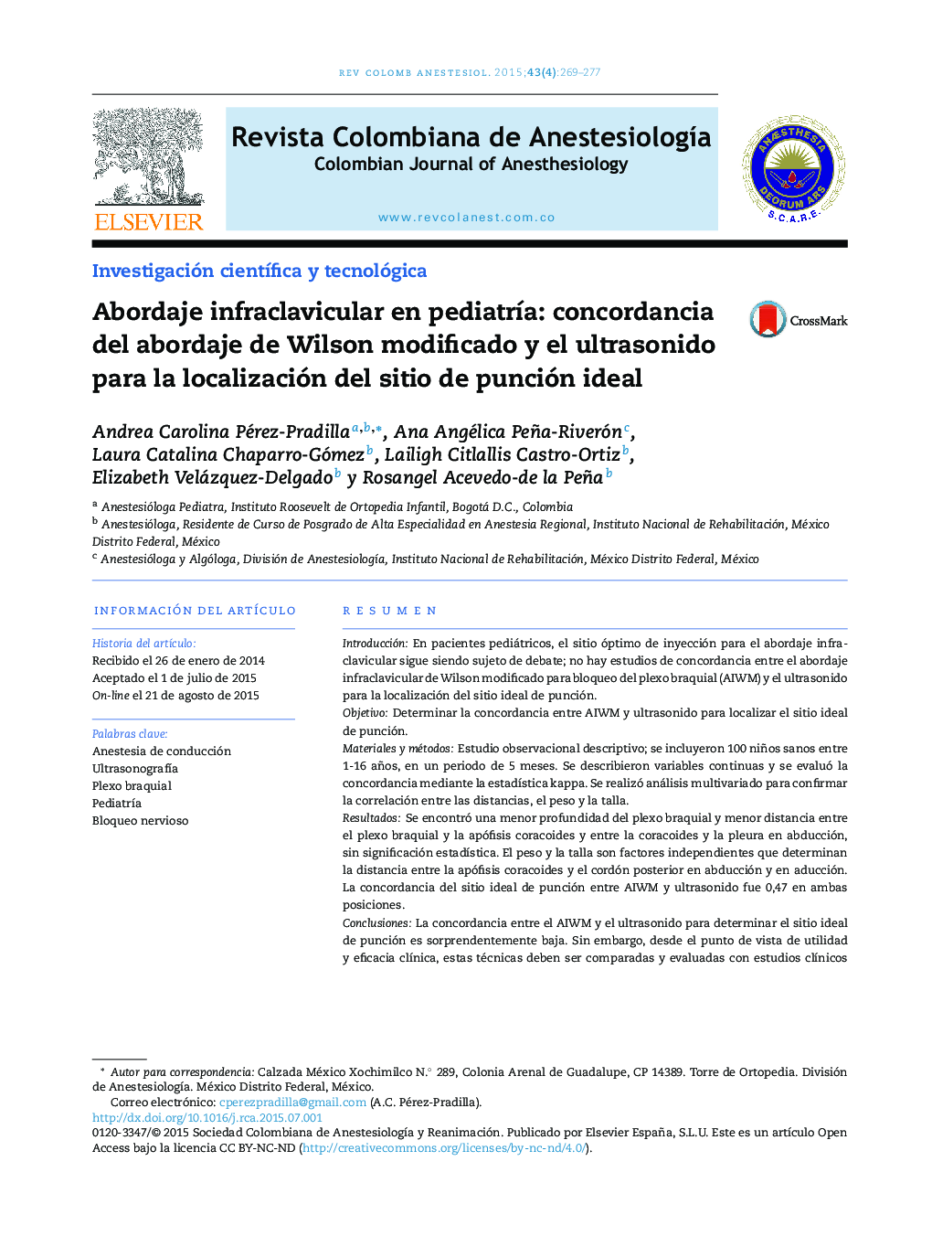 Abordaje infraclavicular en pediatría: concordancia del abordaje de Wilson modificado y el ultrasonido para la localización del sitio de punción ideal