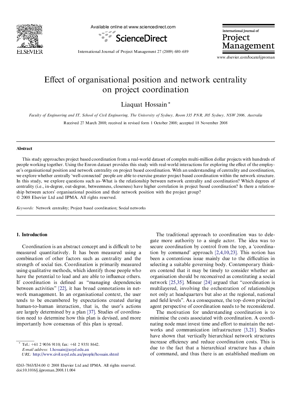 Effect of organisational position and network centrality on project coordination