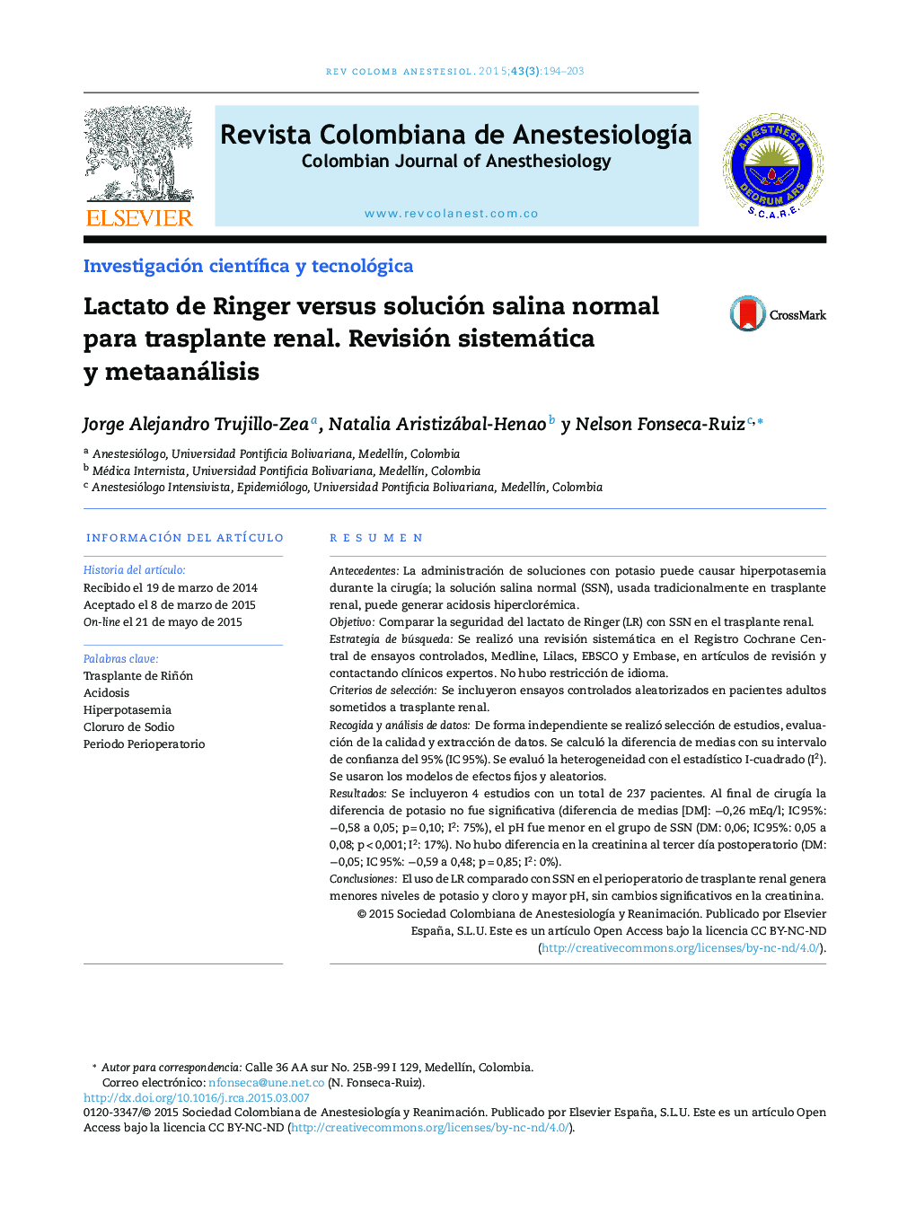 Lactato de Ringer versus solución salina normal para trasplante renal. Revisión sistemática y metaanálisis