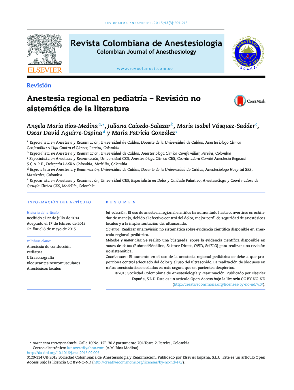 Anestesia regional en pediatría – Revisión no sistemática de la literatura